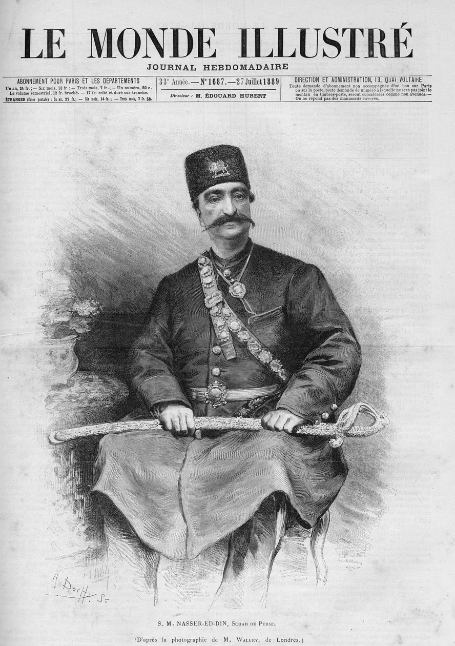 Retrato de Nasser Ed Din (1831-1896), Xá da Pérsia (Irã). Também chamado Nasseredin Shah, Nasserer-al-Din Shah Qajar, Nasser al-Din Shah Qajar, Nassiruddin Shah. Um dos jornais "Le Monde Illustré" No. 1687 de 27 de julho de French School