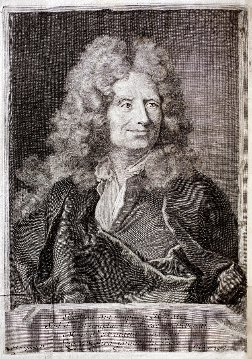 Retrato de Nicolas Boileau, também conhecido como Boileau Despreaux (Boileau-Despreaux) (1636-1711) poeta, escritor. Gravura para ilustrar a obra de M. Boileau Despreaux, com iluminações históricas, Volume 1, edição Fabre et Barillot de French School