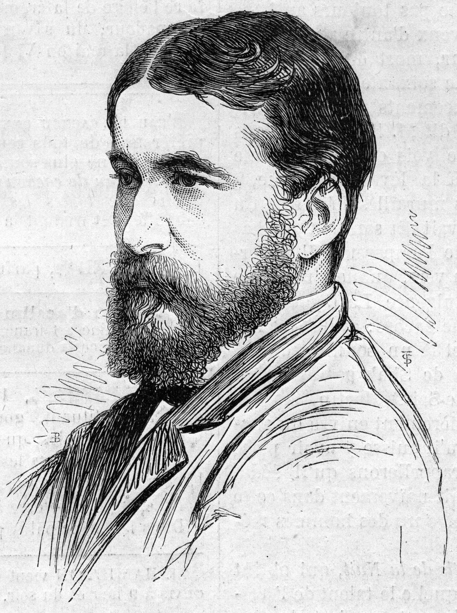 Retrato de Norman Lockyer (1836-1920), astrônomo inglês, despachante de um método de observação de protuberâncias solares. Gravura em "Le Monde Illustré" n°911 de 26 de setembro de French School