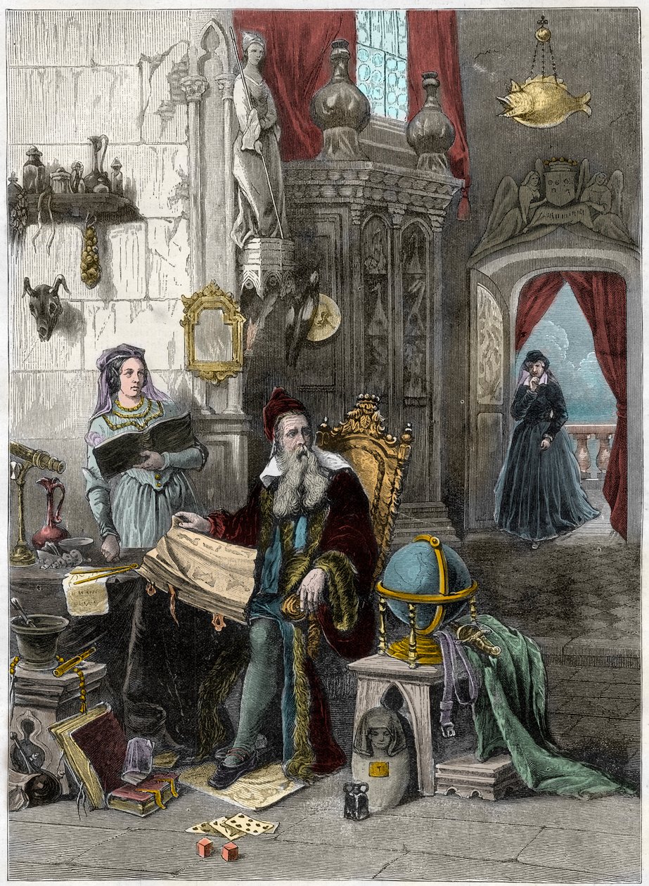 Retrato de Nostradamus, Michel de Notre Dame (1503-1566) Astrólogo e médico francês com Catherine de Medicis (Caterina de Medici) (1519 - 1589) - século XIX (gravura) de French School
