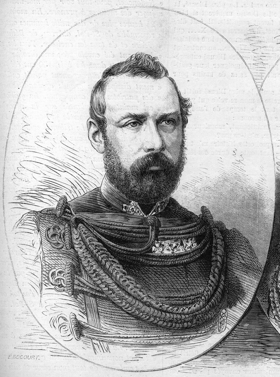 Retrato de Oscar II (1829-1907), Rei da Suécia e Noruega. Gravura em "Le Monde Illustré" n°807 de 28 de Setembro de 1872. de French School