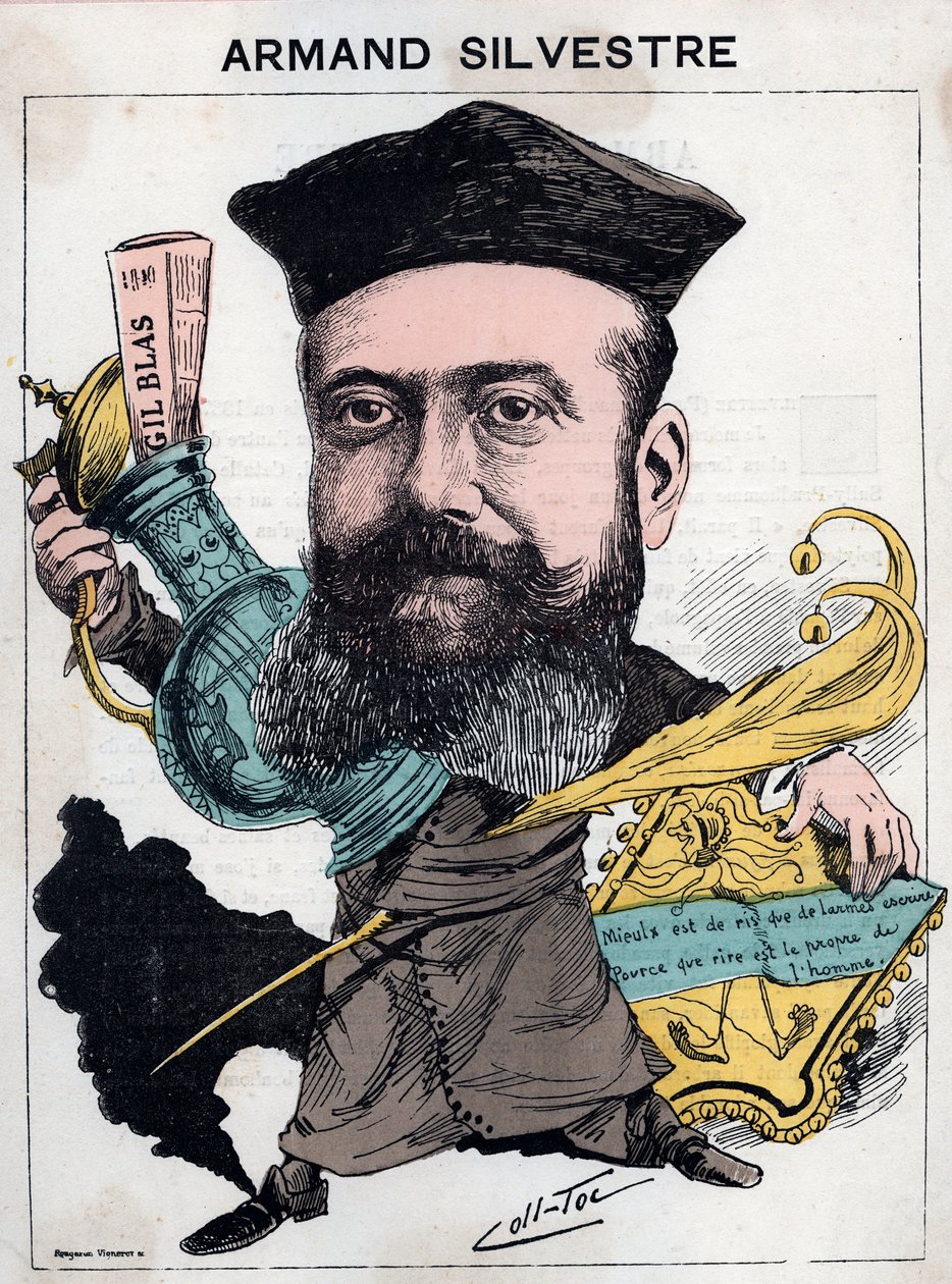 Retrato de Paul Armand (Paul-Armand) Silvestre (1837-1901), poeta francês - desenho animado por outros (Collignon e Tocqueville) em "Les Hommes d