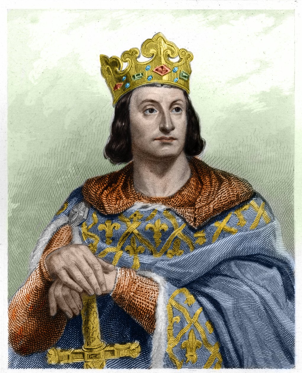 Retrato de Philip II dit Philippe Auguste (1165-1223), Rei de França - em "Histoire des Francais" de Lavallee, gravura, sd. de French School