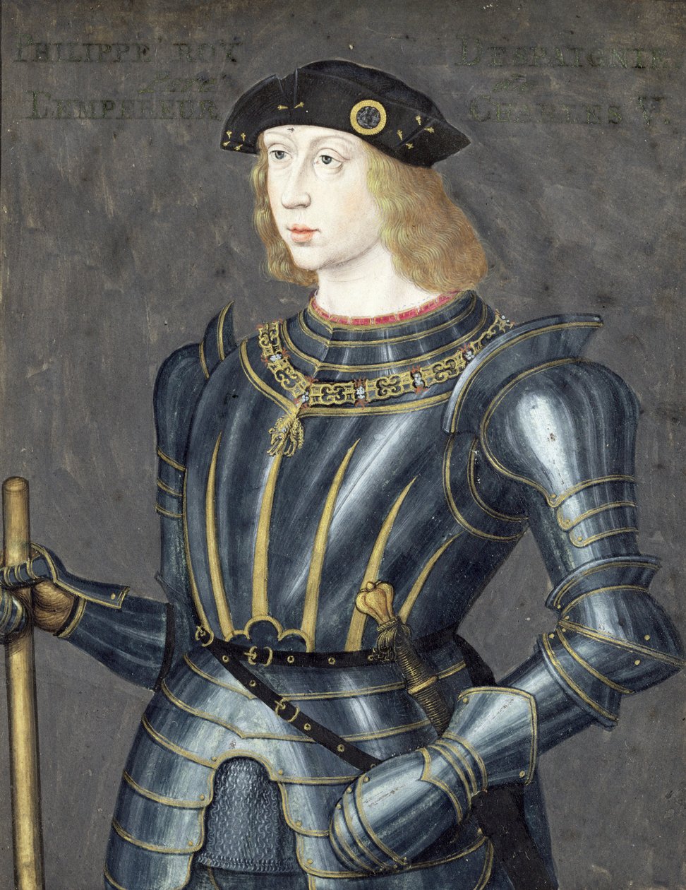 Retrato de Filipe II de Espanha (bodycolour e ouro em pergaminho) de French School