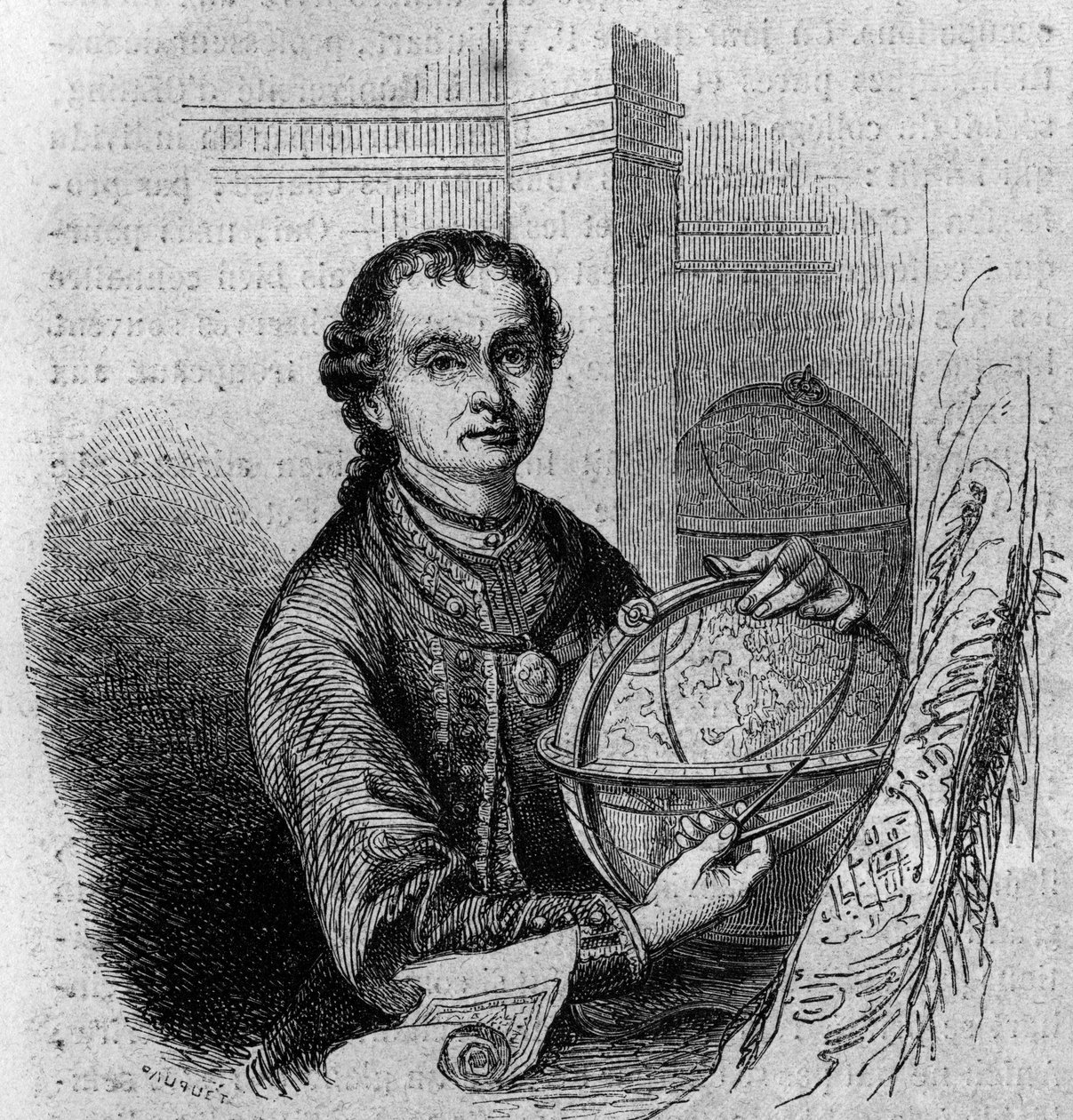 Retrato de Pierre (Peter) Anich (1723-1766), astrônomo e cartógrafo tirolês, segurando um globo e uma bússola. Gravura em "Le Magasin pitoresco". de French School