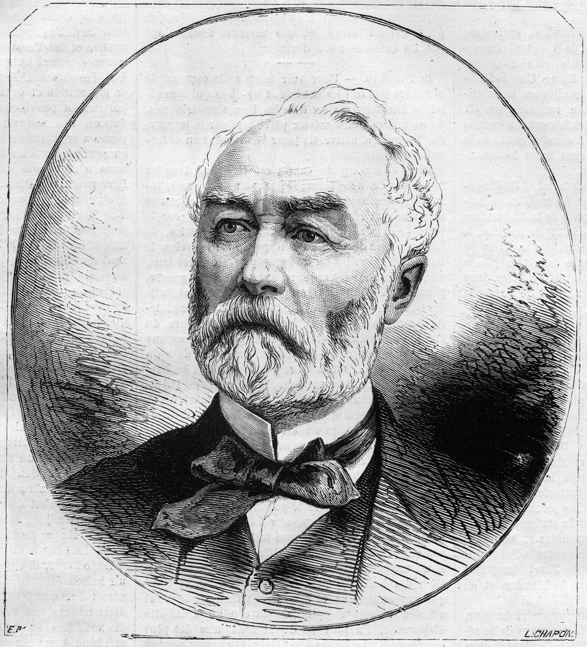 Retrato de Pierre Frederic Dorian (1814-1873), político francês, ministro de obras públicas da Terceira República, em 1870. Gravura no "Le Monde Illustré" n°707 de 29 de outubro de 1870 de French School