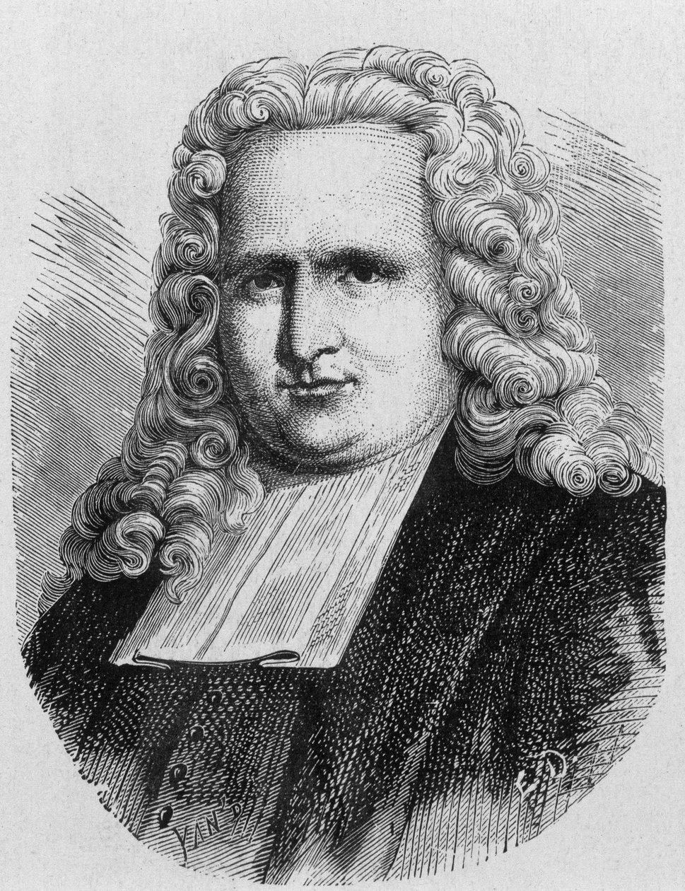 Retrato de Pieter (Petrus, Pierre) van Musschenbroek (1692 - 1761), físico holandês, inventor em 1745 do primeiro condensador eléctrico (garrafa de Leiden) - no "Álbum da Ciência; cientistas ilustres; Grandes descobertas" 1896. de French School