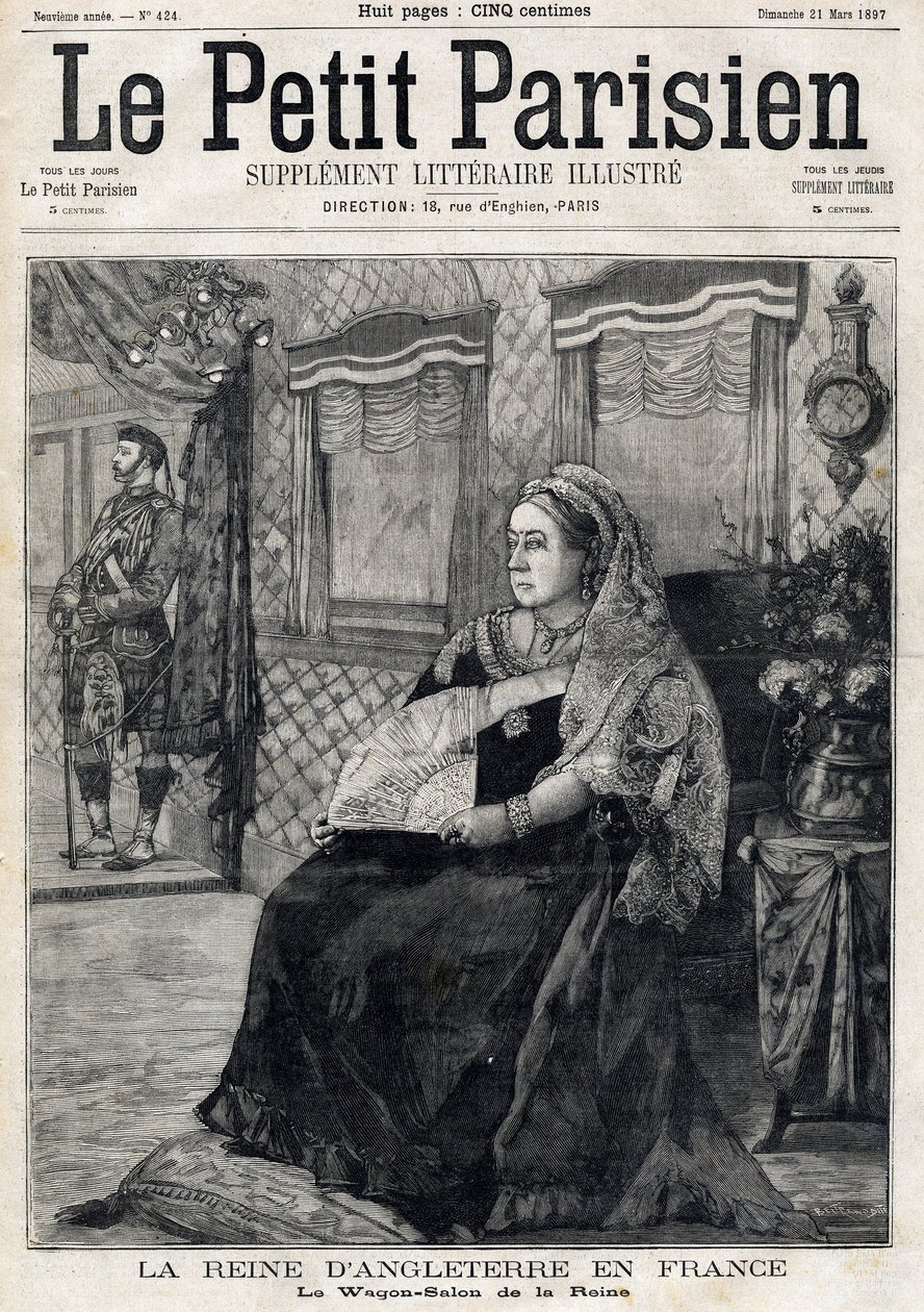 Retrato da Rainha Vitória da Inglaterra (1819-1901), viajando pela França em seu Wagon Salon. Primeira página do jornal francês Le petit Parisien. 21 de Março de French School