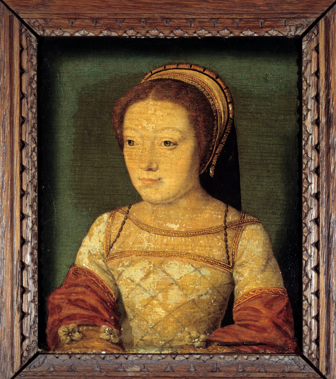 Retrato de Renee da França, filha de Luís XII, Duquesa de Ferrara (1510 - 1575). Óleo sobre madeira, 0,16 x 0,13 m. pintura anónima. Escola francesa do século XVI. de French School