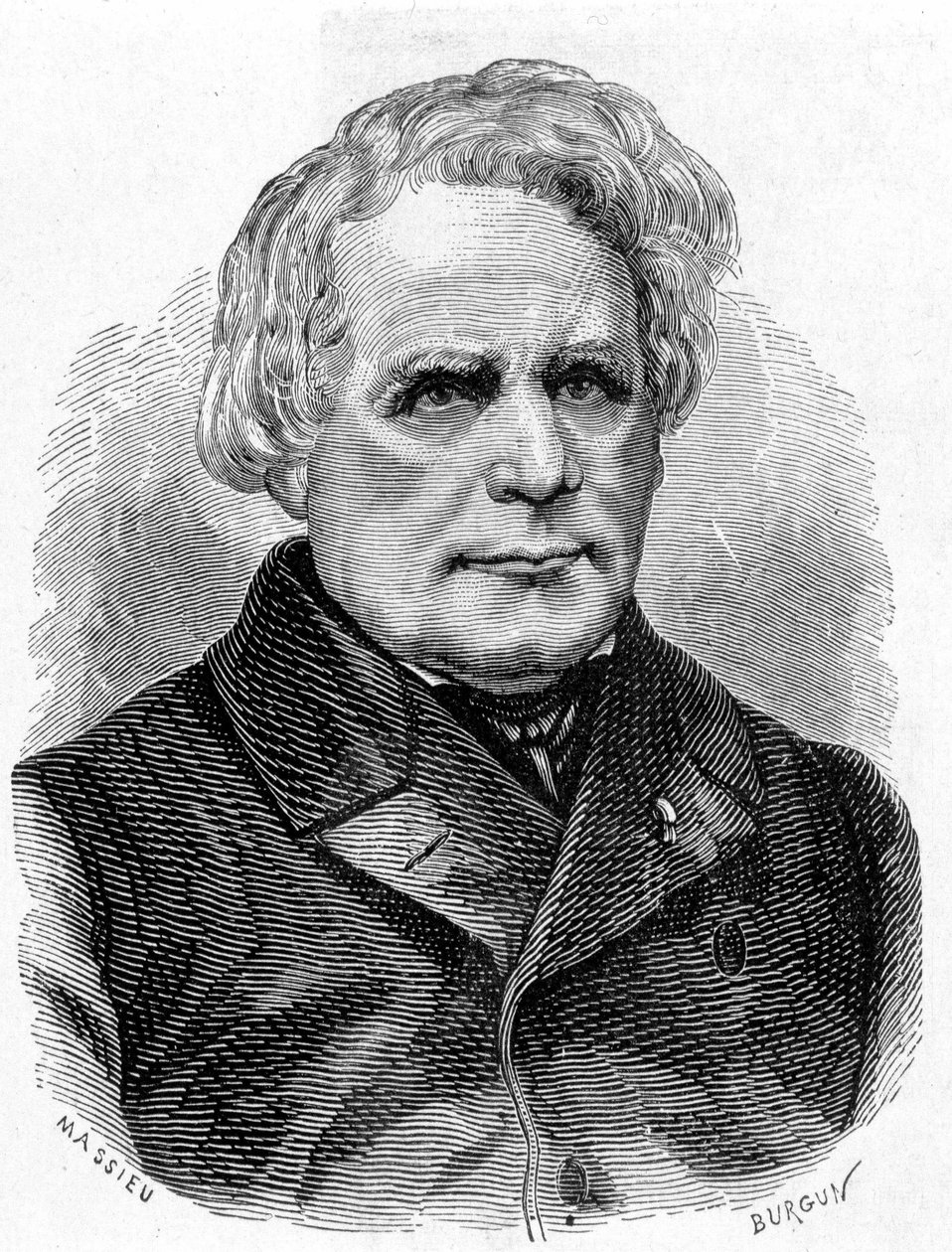 Retrato de Ruhmkorff Heinrich Daniel (1803 - 1877), construtor de instrumentos físicos (o aparelho de indução), mecânico e electricista alemão - no "Álbum da Ciência; cientistas ilustres; Grandes descobertas" 1896. de French School