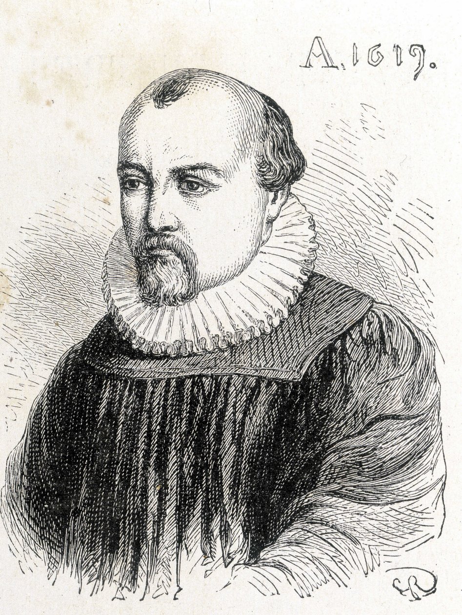 Retrato de Salomão de Causa (1576-1624), físico francês - em "Album of Science; ilustres estudiosos; Grandes Descobertas" 1896. de French School