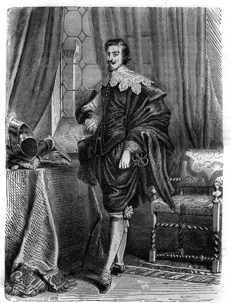 Retrato de Thomas Wentworth (1593-1641), Conde de Strafford, estadista inglês, Cavaleiro da Jarreteira e figura importante nos eventos que antecederam a primeira revolução inglesa. Gravura na "História dos Papas (...) Crimes da Rainha Rei e Empe de French School