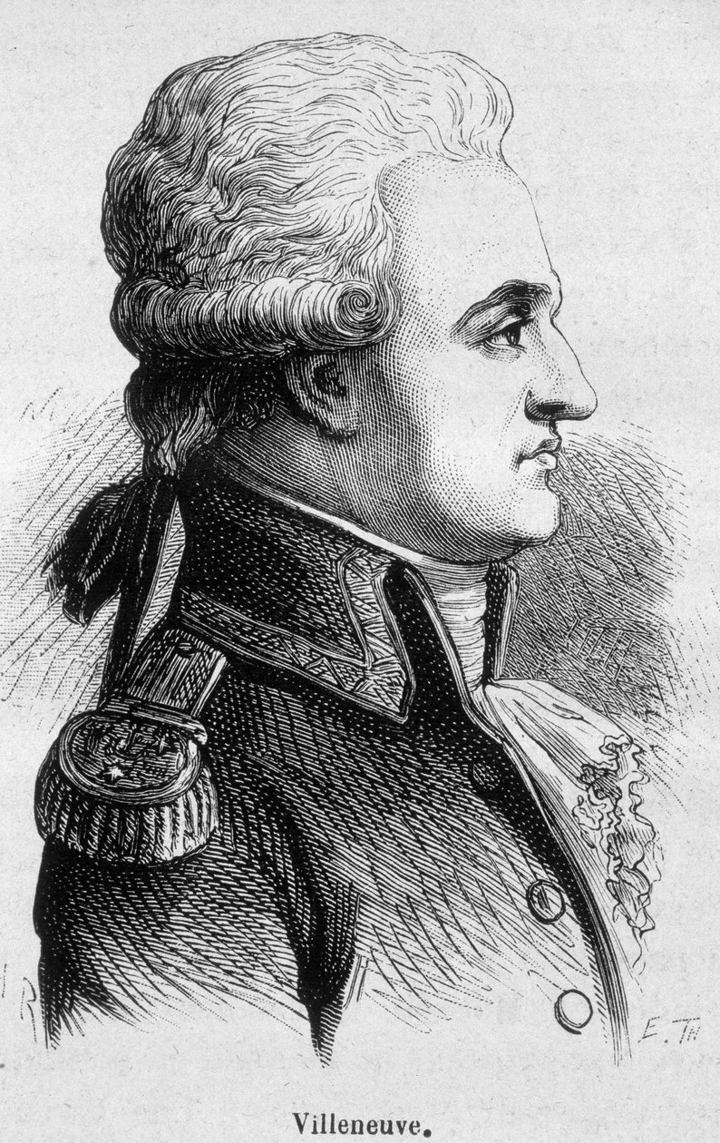Retrato de Villeneuve, almirante francês (1763 - 1806), iniciou a batalha de Trafalgar, que foi um desastre, e depois suicidou-se - em “” L&39;Histoire de France ”” de Henri Martin de French School