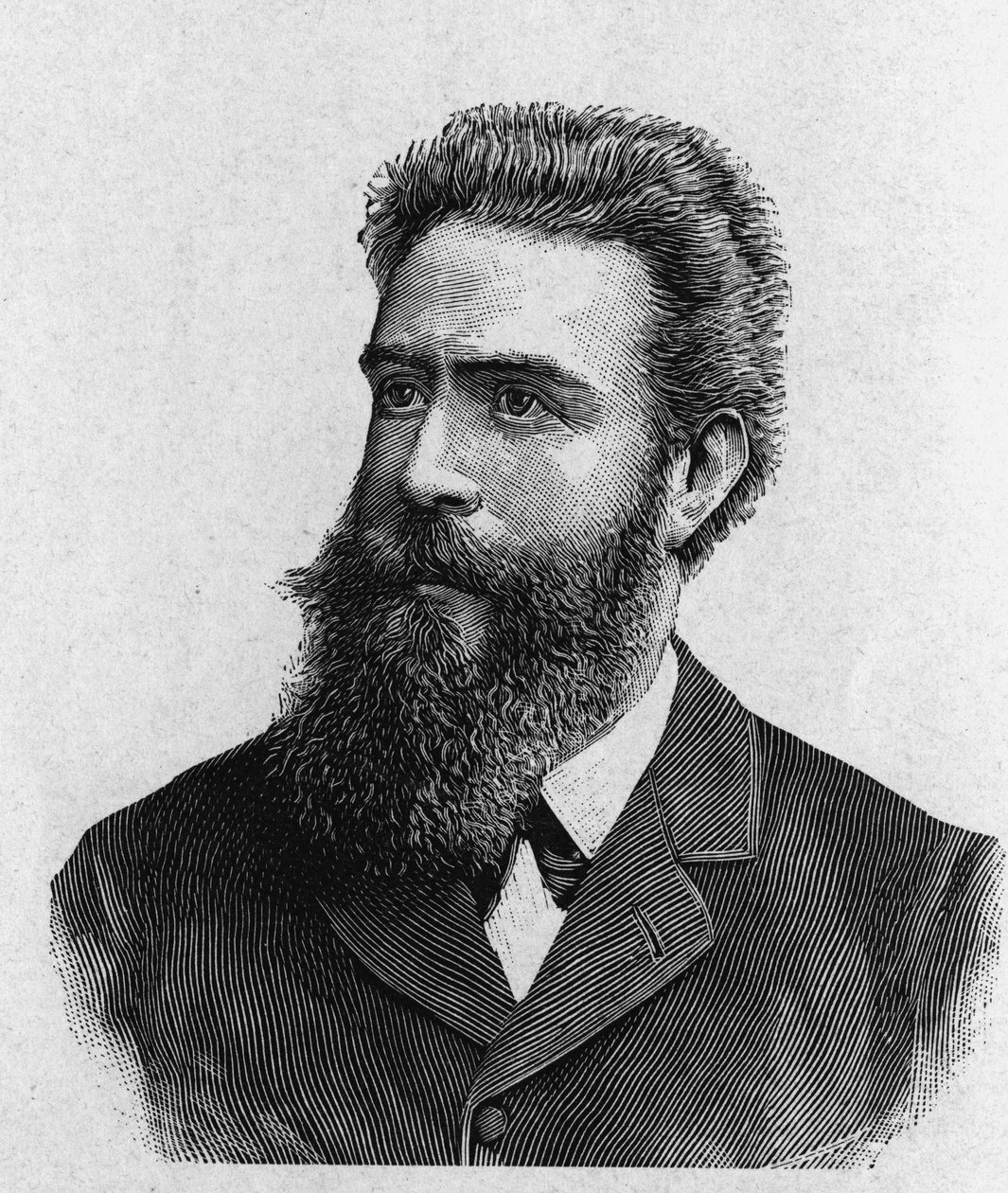 Retrato de Wilhelm Conrad Rontgen (Roentgen) (1845 - 1923) - em "Album of Science; Ilustres cientistas; Grandes descobertas" 1896. de French School