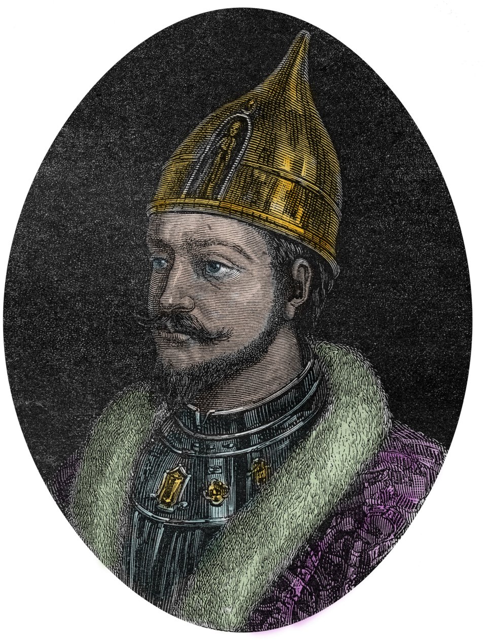 Retrato de Yaroslav I, o Sábio (Yaroslav Vladimirovich) (Yaroslav I) (978-1054), Grande Príncipe dos Rus de Kiev - Retrato de Yaroslav, o Sábio - Yaroslav I, Grande Príncipe dos Rus - da "Nova Enciclopédia Nacional" de Maurice La Charest - 1870 - de French School