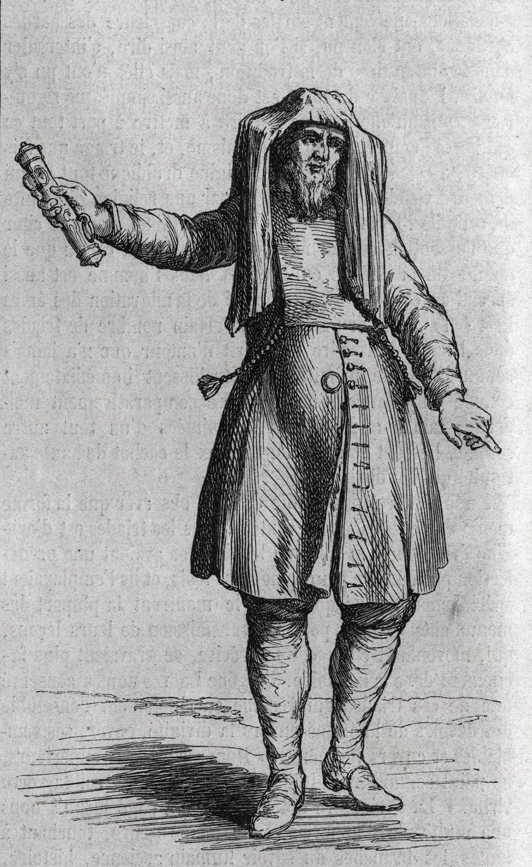 Retrato de um homem judeu segurando o Mezuzoth (Mezouzoth, Mezouzah, Mezouza). Gravura em "Le Magasin Picturesque" (Le Magasin Picturesque) de French School