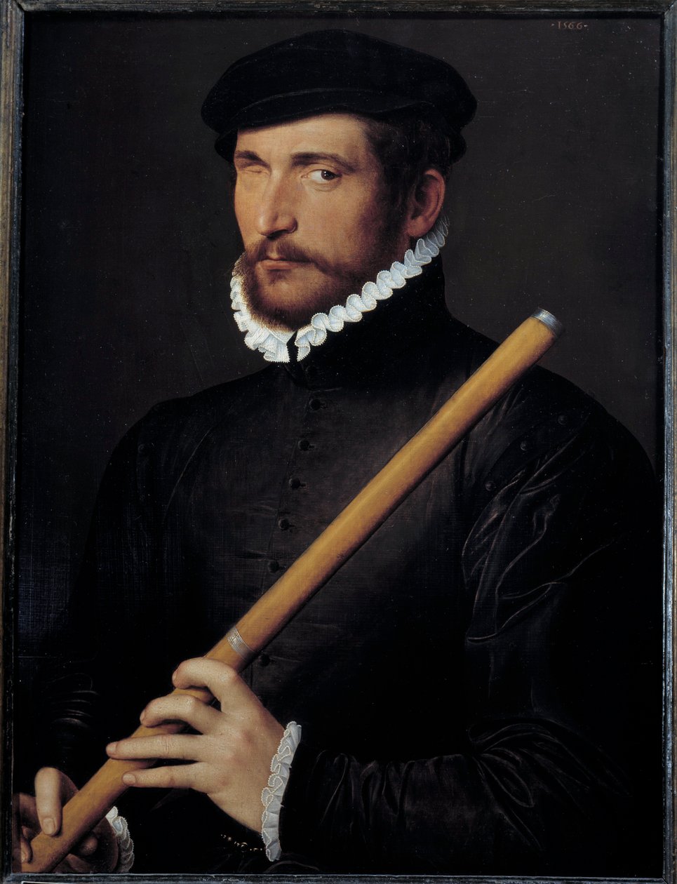 Retrato de um flautista cego Pintura da École francaise. 1566 Sol. 0,62x0,5 m - Retrato de um flautista de um olho só. Pintura da Escola Francesa. 1566. 0,62 x 0,5 m. Museu do Louvre, Paris. de French School