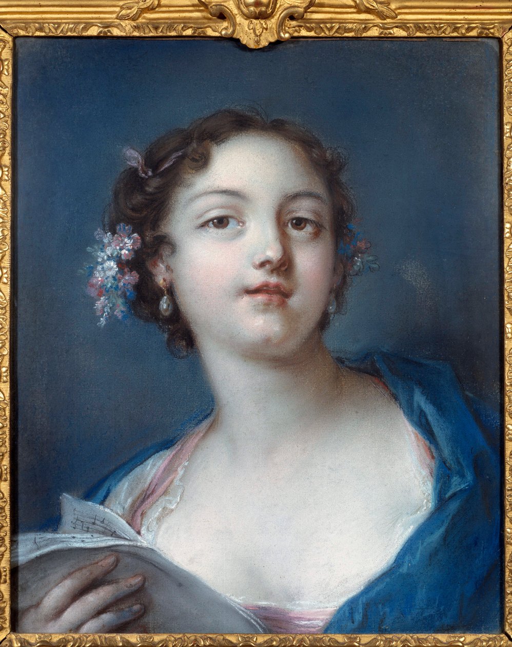 Retrato de uma rapariga a ler uma partitura de uma pintura anónima. Chantilly do século XVIII, museu Conde de French School