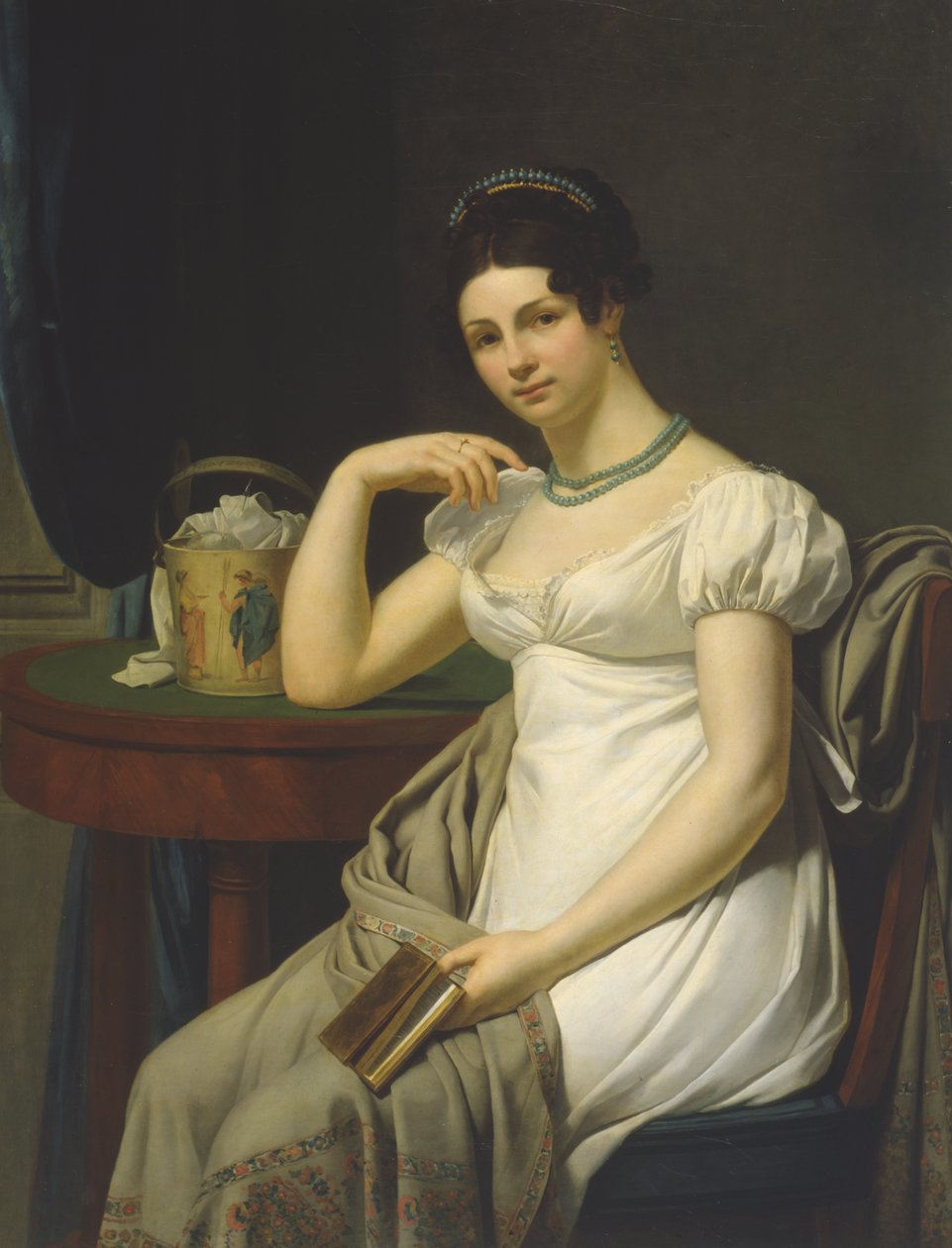 Retrato, de, um, mulher, em, um, interior, com, um, cesta trabalho de French School