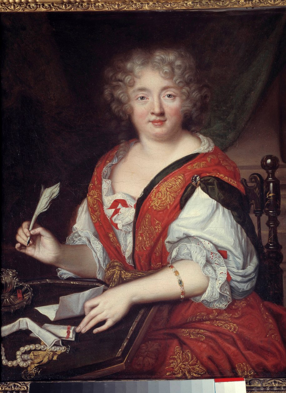 Retrato de uma mulher escrita anteriormente identificada como Madame de Sevigne (1626-1696) Seria Marie de Rabutin-Chantal (Rabutin Chantal), Marquise de Sevigne dit Madame de Sevigne (1626-1696), mulher de letras. Ela usa uma pulseira a meia altura de bra de French School