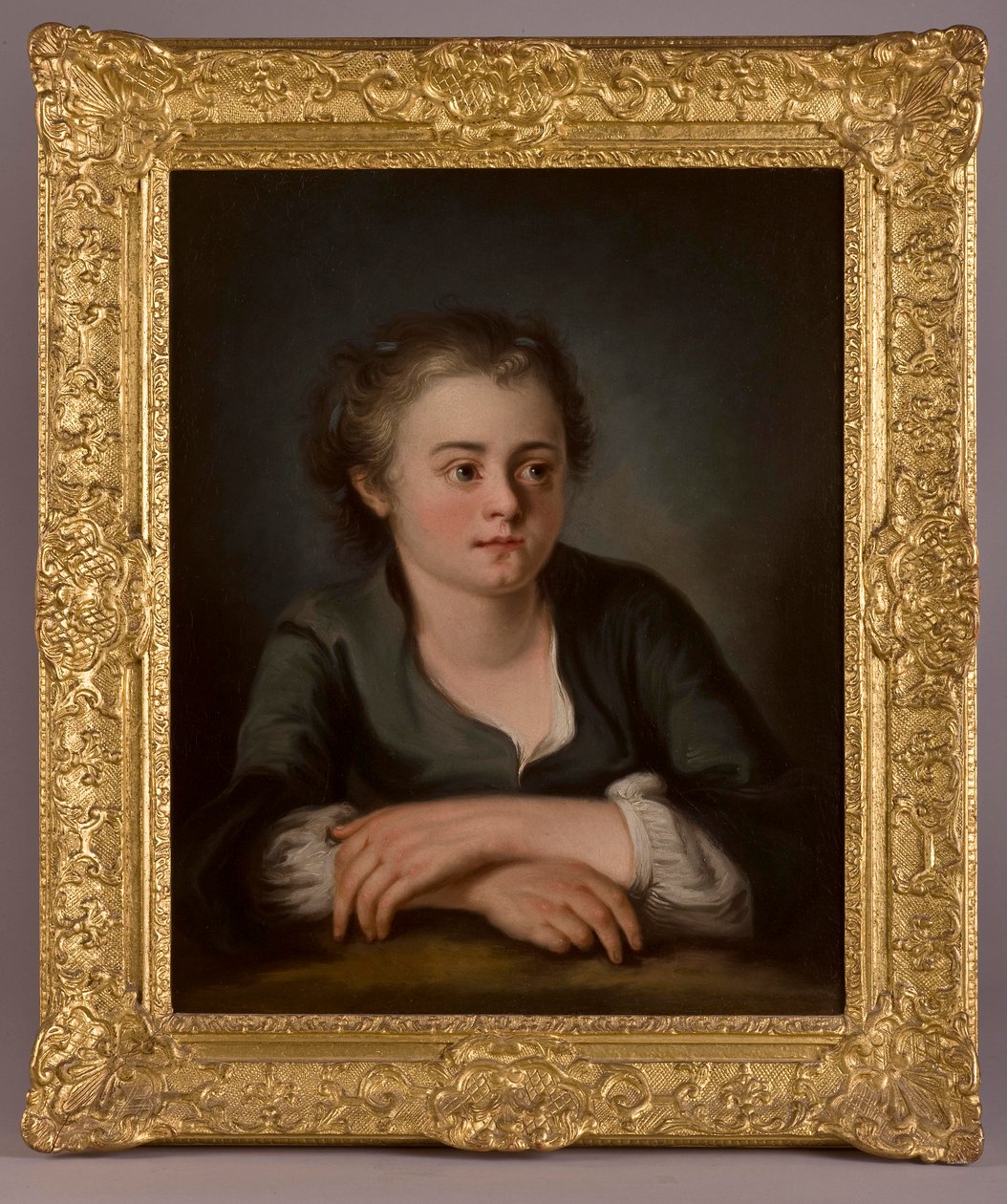 Retrato, de, um, menina jovem, desgastar, um, vestido verde, e, branca, chemise, sentado, antes de, um, tabela de French School
