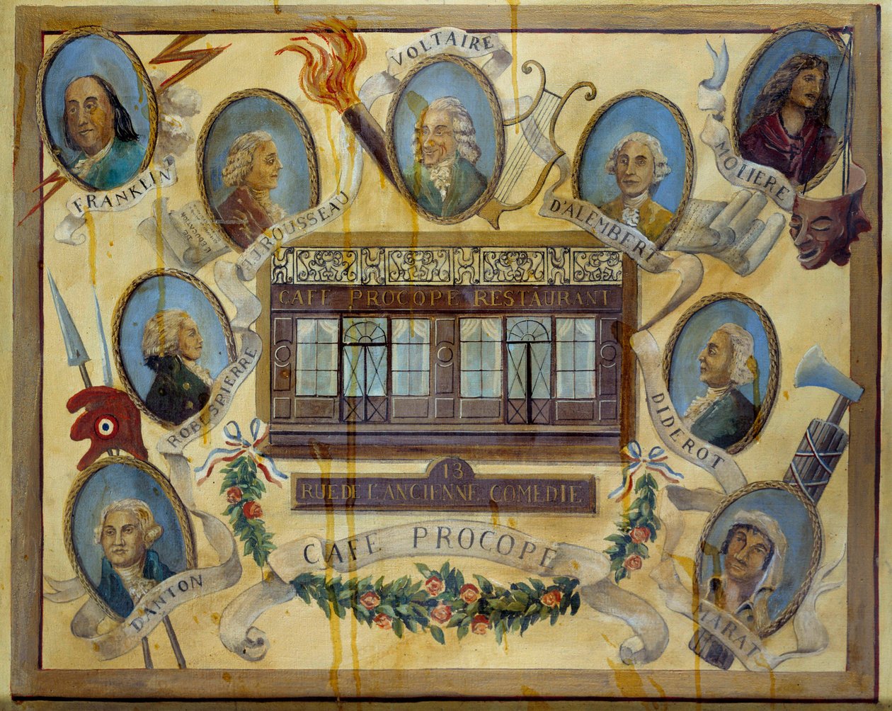 Retrato de figuras históricas e vista do café parisiense Le Procope: Benjamin Franklin, Jean Jacques Rousseau, Voltaire, Jean D