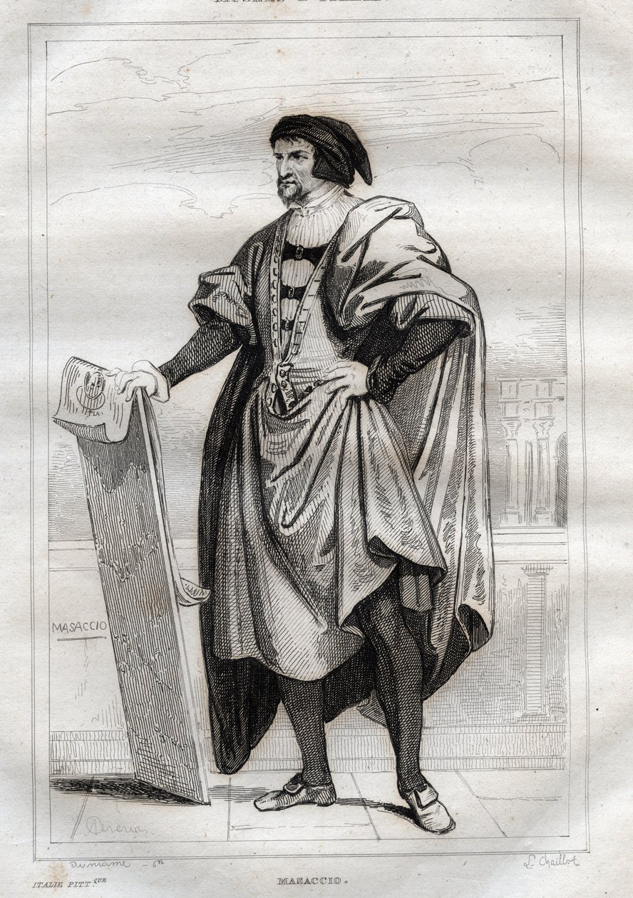 Retrato do pintor italiano Masaccio (Tommaso di Giovanni Cassai) (1401-1428) - Gravura de "Itália Pitoresca" - Pintura Histórica e Descritiva da Itália" de M. de Norvins, Ch. Nodier 1834-1836. de French School