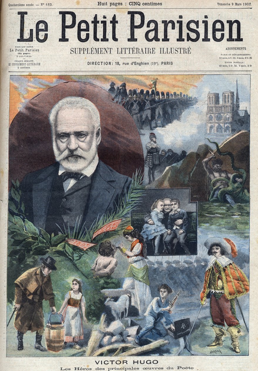 Retrato do escritor francês Victor Hugo (1802-1885) com ilustrações de suas principais obras. Gravura em " Le petit Parisien" (Le petit Parisien) de French School