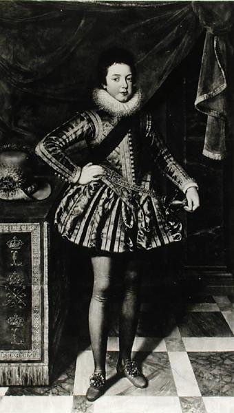 Retrato do Menino Luís XIII (1601-43) Rei de França e Navarra, c.1611 (óleo sobre tela) (foto a p/b) de French School