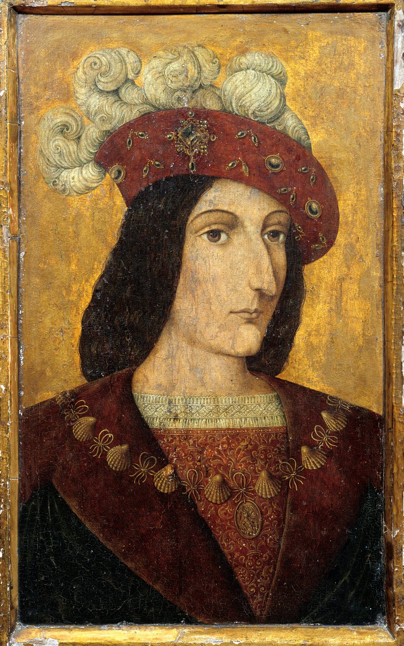 Retrato do Rei da França Carlos VIII (1470-1498) Pintura sobre madeira da escola francesa. Chateau de Langeais do século XV de French School