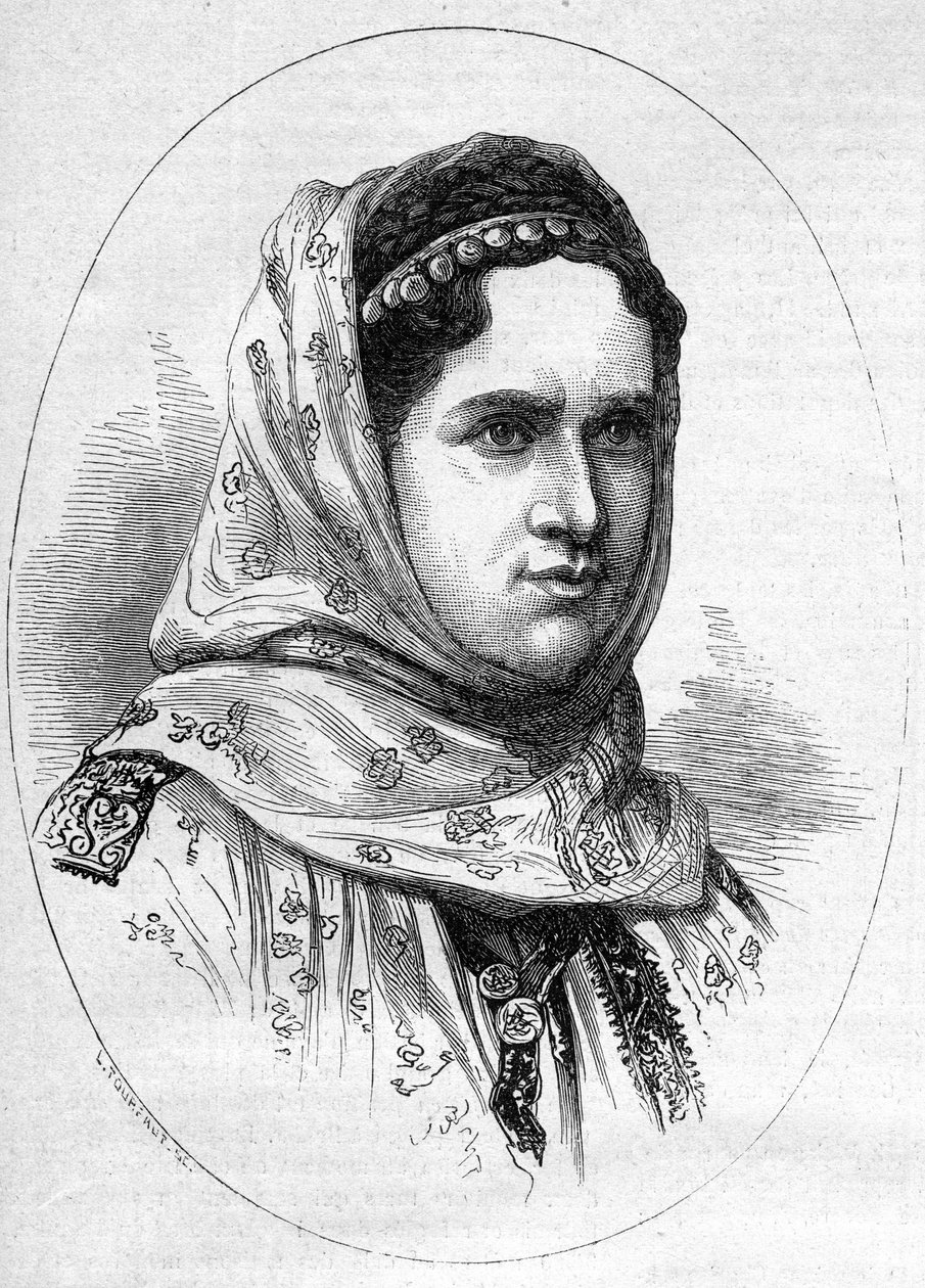 Retrato da Princesa da Roménia Elisabeth Pauline Ottilie Louise de Wied (1839-1914), esposa do futuro Rei Charls 1st (Carol 1st) da Roménia. Gravura em "Le Monde Illustré" n°1054 de 23 de Junho de 1877. de French School