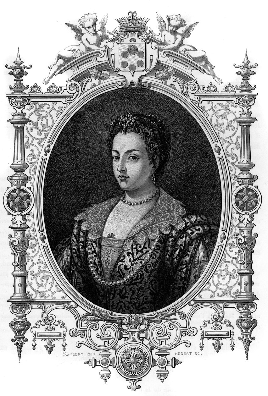 Retrato da veneziana Bianca Cappello (1548 - 1587), esposa de François de Medicis (Francesco de Medici). Gravura de 1862 em "As Rainhas do Mundo" pelos nossos primeiros escritores. Livro publicado sob a direção de J. G. D. ARMENGAUD. de French School