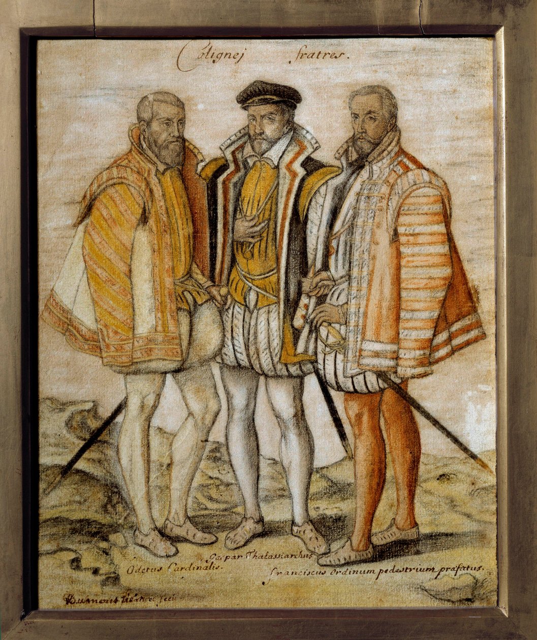 Retrato dos três irmãos Coligny (Odet (1517-1571), Gaspard (1519-1572) e François). Desenho anônimo. Sol 0,26x0,21m Chantilly, musee Conde de French School