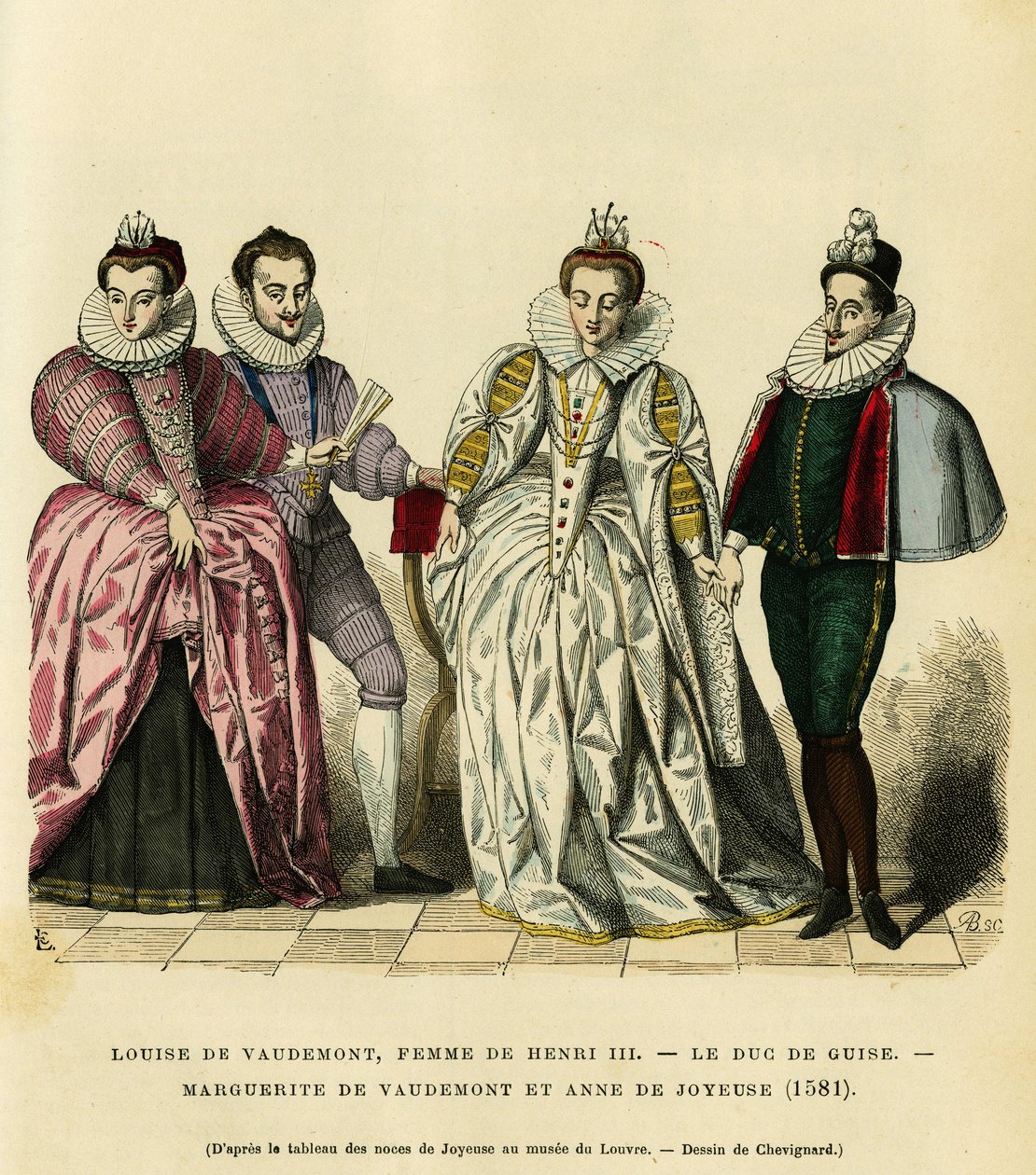 Retratos em 1581, de Louise de Vaudemont (1553-1601), Rainha de França, esposa de Henrique III (1551-1589), do terceiro Duque de Guise, Henri I, conhecido como Balafre (1549-1588), de Margarida de Lorena (1564-1625), filha do Conde de Vaudemont (Nicolau de French School