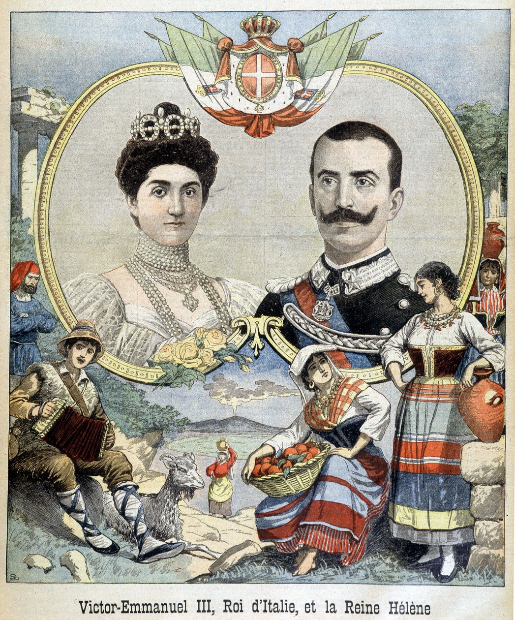 Retratos em medalhão de Victor Emmanuel III e Helene de Montenegro, Soberano da Itália, capa "The Petit Journal" 5/7/1903 (gravura) de French School