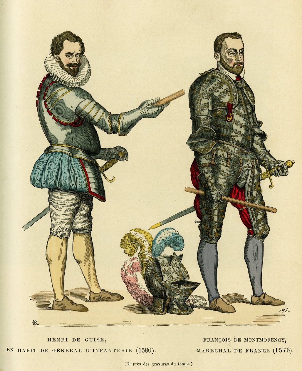 Retratos de Henri I de Guise, conhecido como o Balafre (1549-1588) no casaco de infantaria geral em 1580 e de François de Montmorency (1530-1579), marechal da França por volta de 1576. Gravura a cores, em "France et les francais a travers les siecles", de  de French School