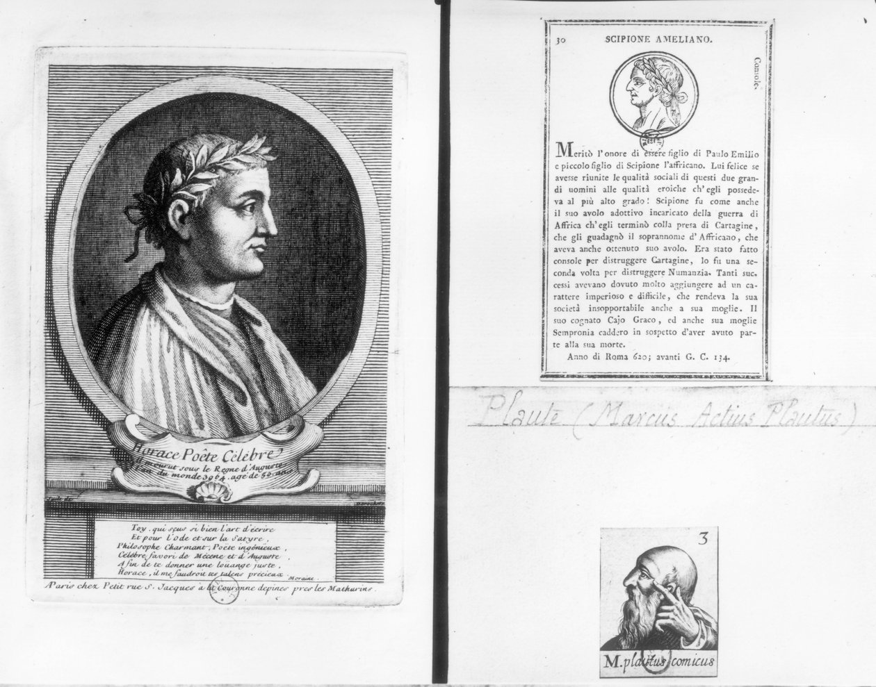 Retratos de Horace (65-8 aC) Scipio (Africano major) (185-129 aC) e Plauto (c.254-184 BC) de French School
