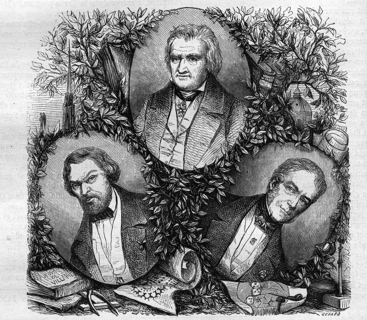 Retratos de Jean Baptiste Antoine Lassus (1807-1857), arquitecto francês (esquerda); Charles Lacretelle Jeune (1766-1855), historiador e advogado francês (centro); e Barão Auguste Gaspard Louis Desnoyers (1779-1857), gravador francês. Gravura a partir de 1 de French School