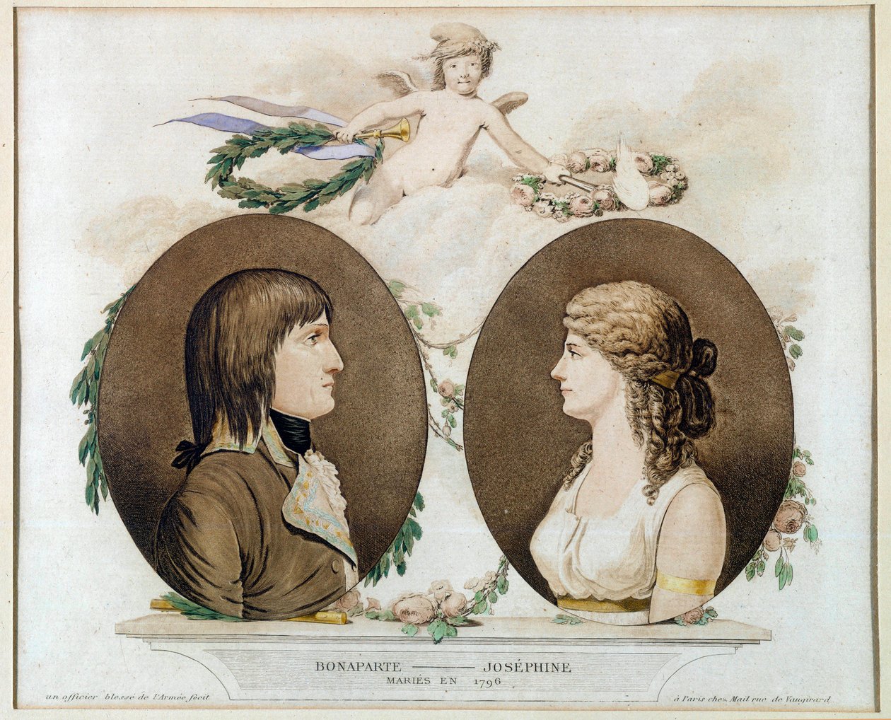 Retratos de Napoleão Bonaparte (1769-1821) e Josefina de Beauharnais (1763-1814) casados em 1796" Aguarela anónima por volta de 1800. Sol 0,21x0,23 m Malmaison, musee du chateau de French School
