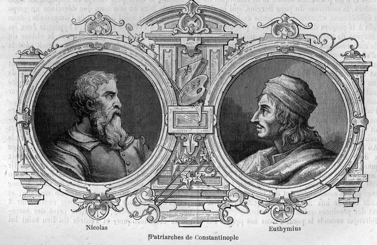 Retratos de Nicolau o Mistério (século X) e Euthymius de Athos (955-1028), Patriarcas de Constantinopla. Gravura em "Histoire des Papes-Rois-Queen and Empereurs a travessa les centuries" de Maurice Lachatre de French School