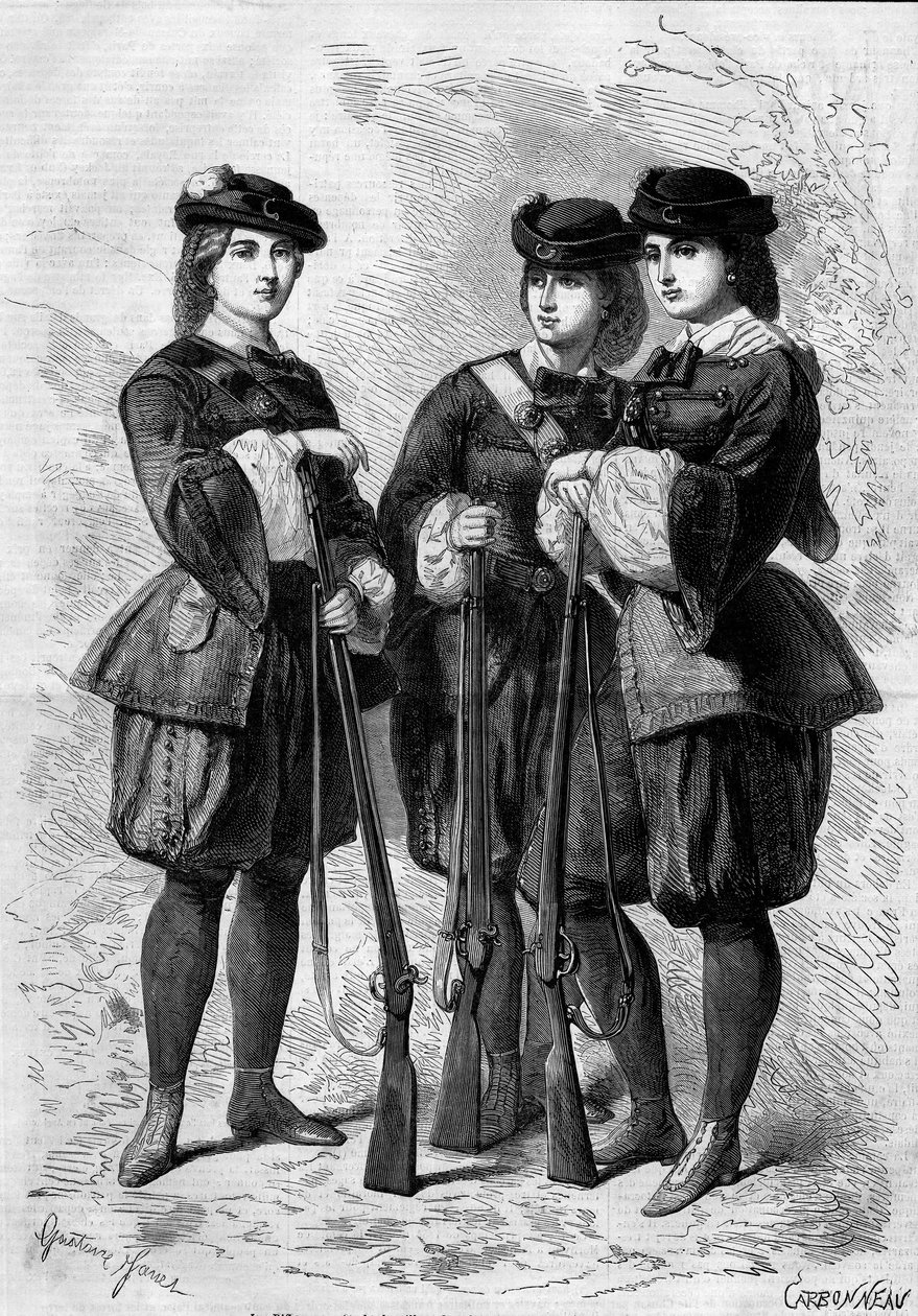 Retratos de Riflewomen: batalhões de mulheres voluntárias na Inglaterra. Gravura em "Le Monde Illustré" n°172 de 28 de Julho de 1860. de French School