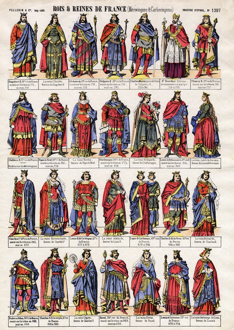 Retratos dos reis e rainhas da França da Dinastia dos Merovíngios e Carolíngios. Imagens epinais do final do século XIX. Coleção particular. de French School