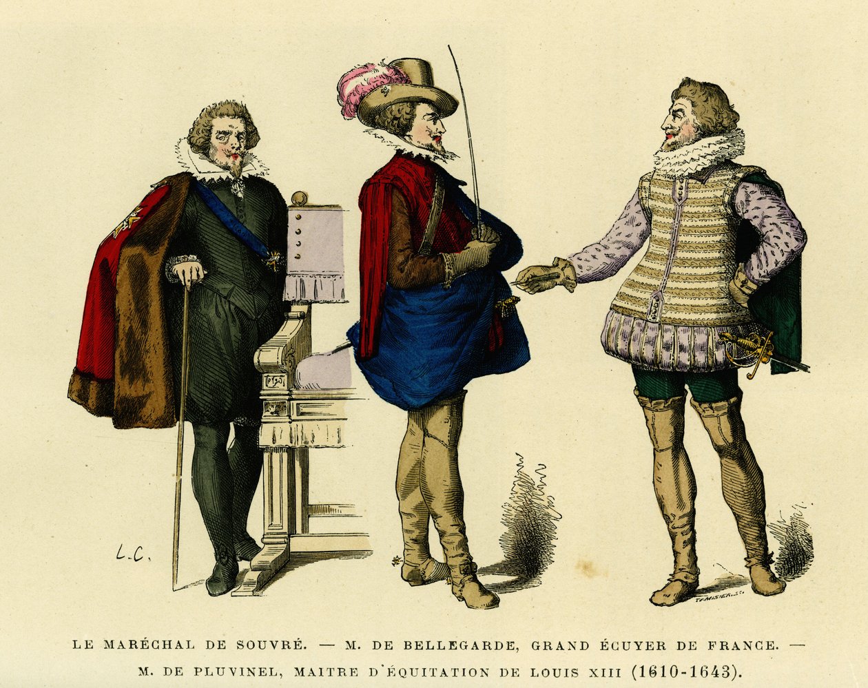 Retratos do marechal de Souvre (falecido em 1626), de Roger de Saint Lary, duque de Bellegarde (1562-1646), Grande Equador de França e de Antoine de Pluvinel (1556-1605), Mestre de Equitação de Luís XIII (1610-1643). Gravura a cores, em "France et les fran de French School