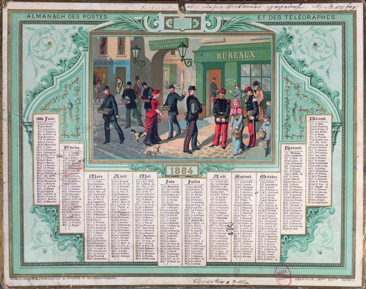 Calendário dos Correios de 1884 de French School