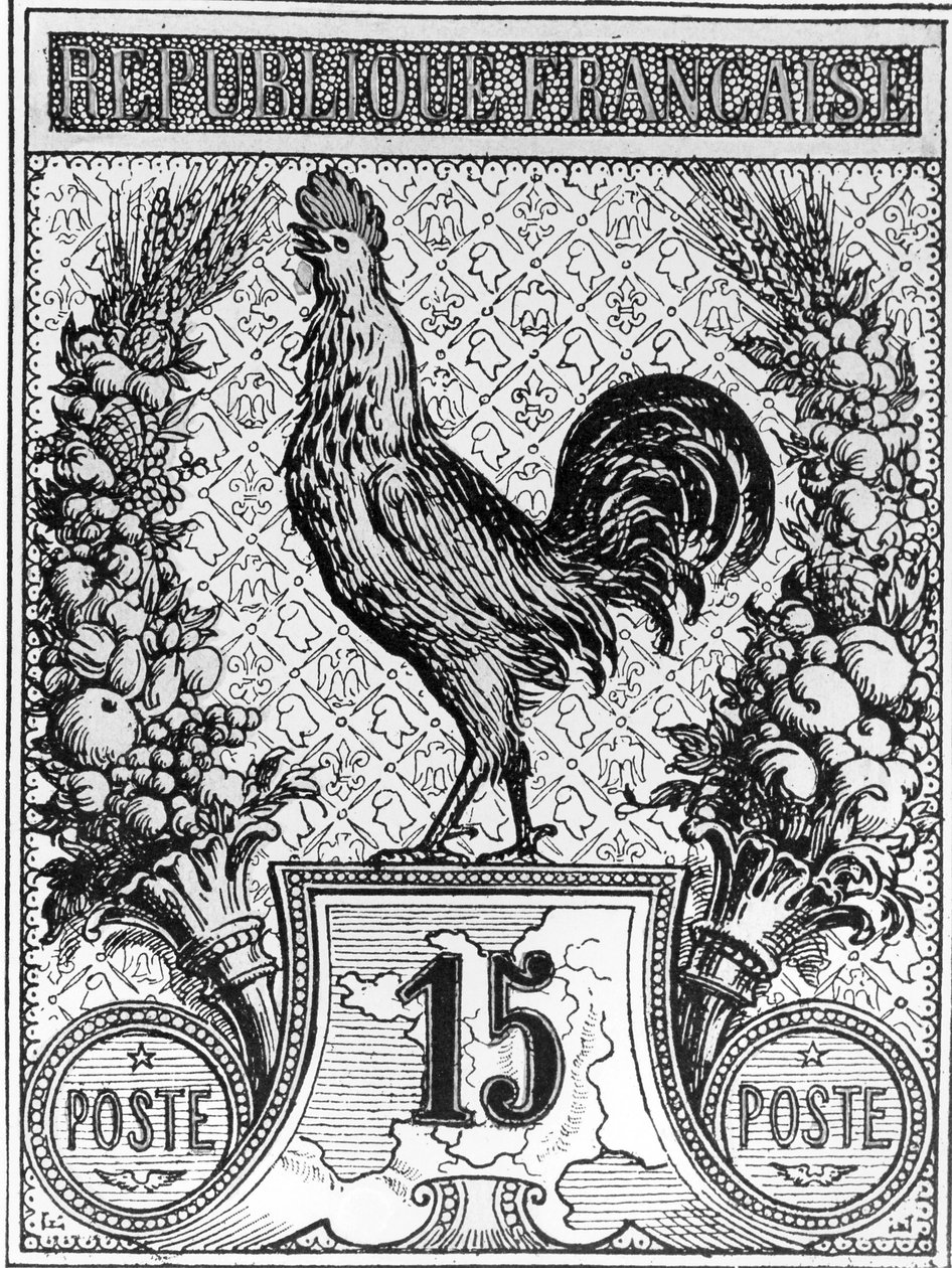 Selo postal, descrevendo, a, francês, galo novo, emblema, de, a, república francesa, tarde, 19o século de French School