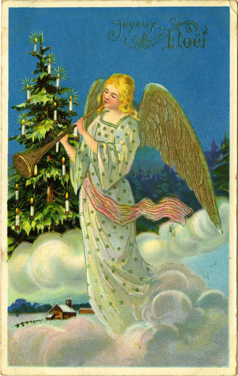 Postal, saudações de Natal: anjo com trombeta sobre as nuvens. Início do século XX. de French School