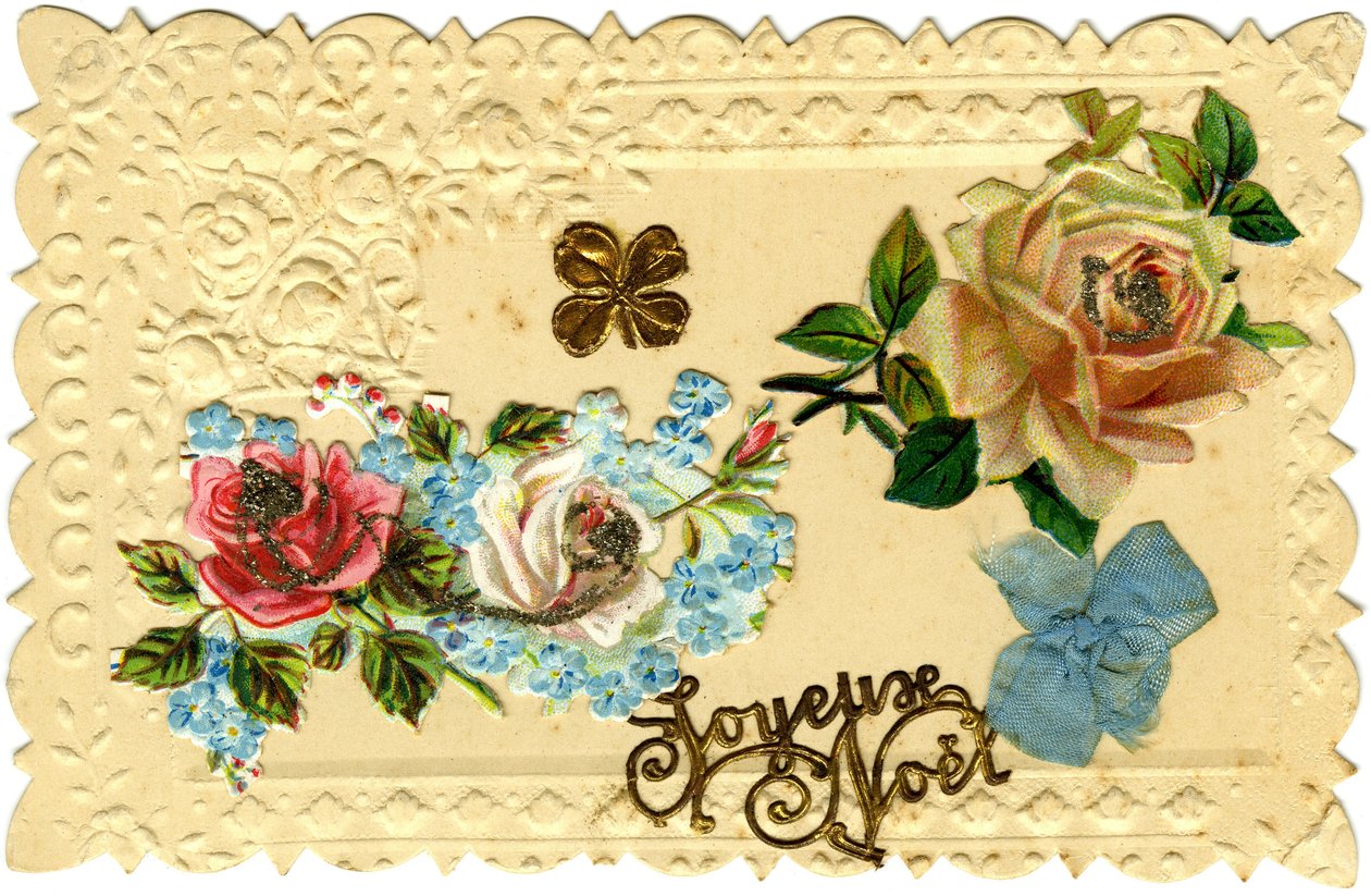 Cartão postal: Feliz Natal (papel estampado, cortado em cromolitografia e dourado, tecidos) de French School