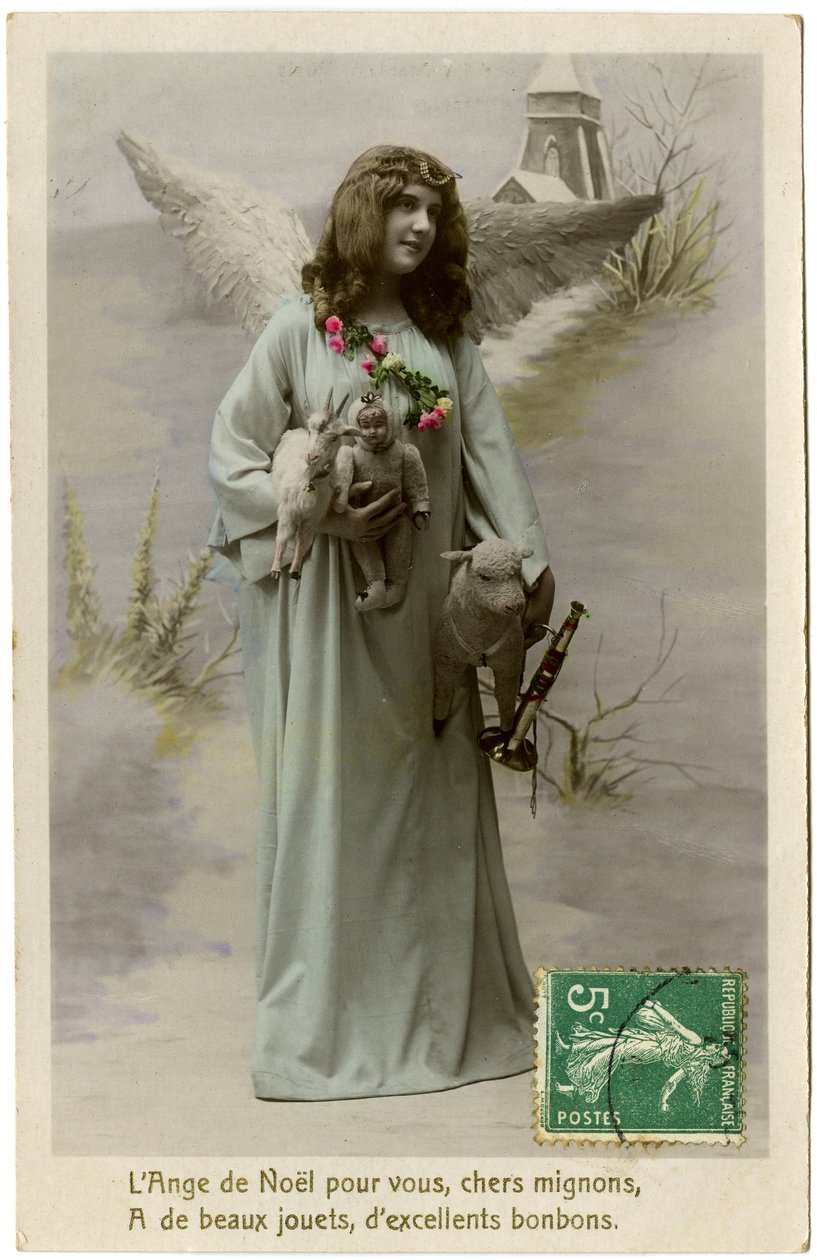 Postal: O anjo de natal pra você, querida fofa, tem brinquedos lindos, doces excelentes de French School