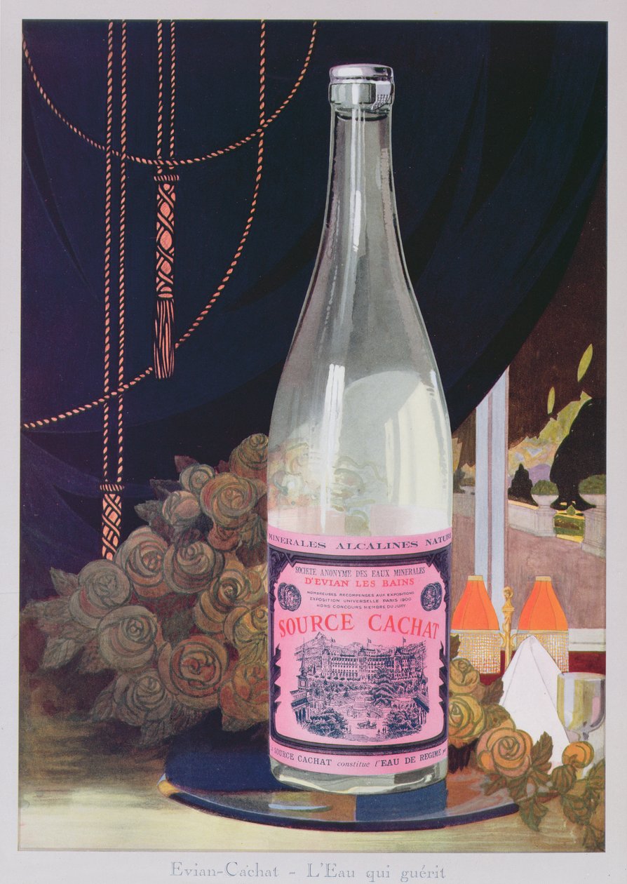 Cartão postal de publicidade de água Evian da Fonte Cachat, 1906 de French School