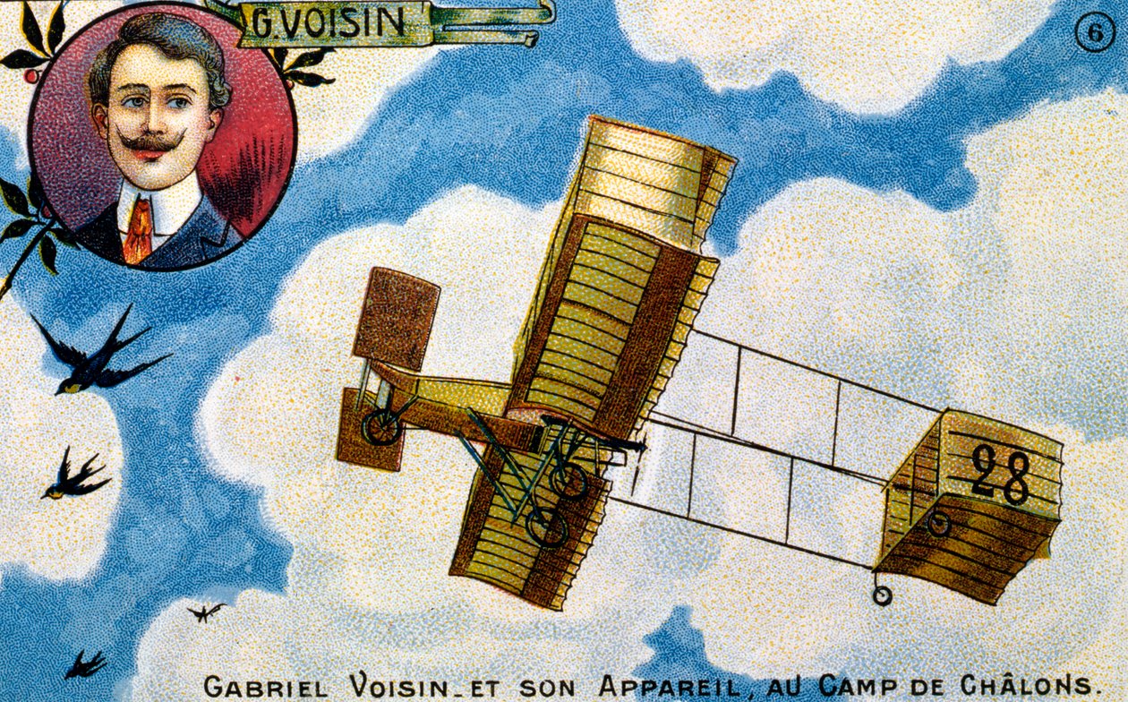 Cartão postal em homenagem ao pioneiro aviador francês Gabriel Voisin, no início do século XIX (chromolitho) de French School